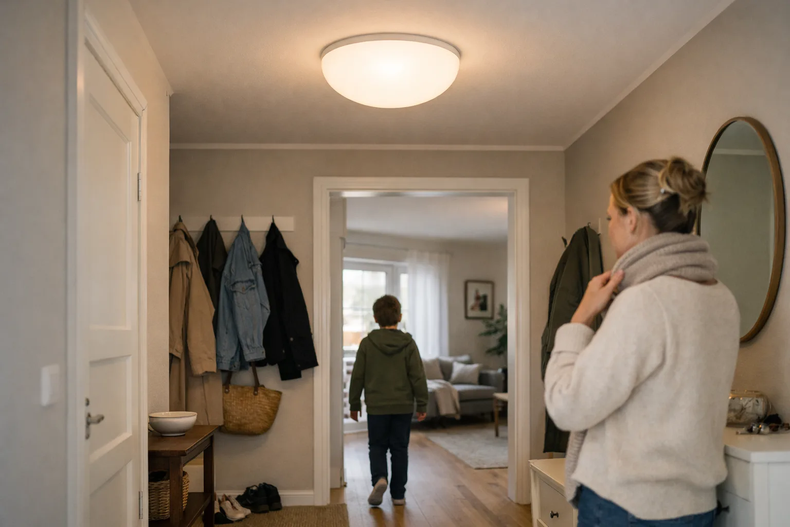en klassisk taklampa i opalglas i en svensk hall, utan märkesnamn