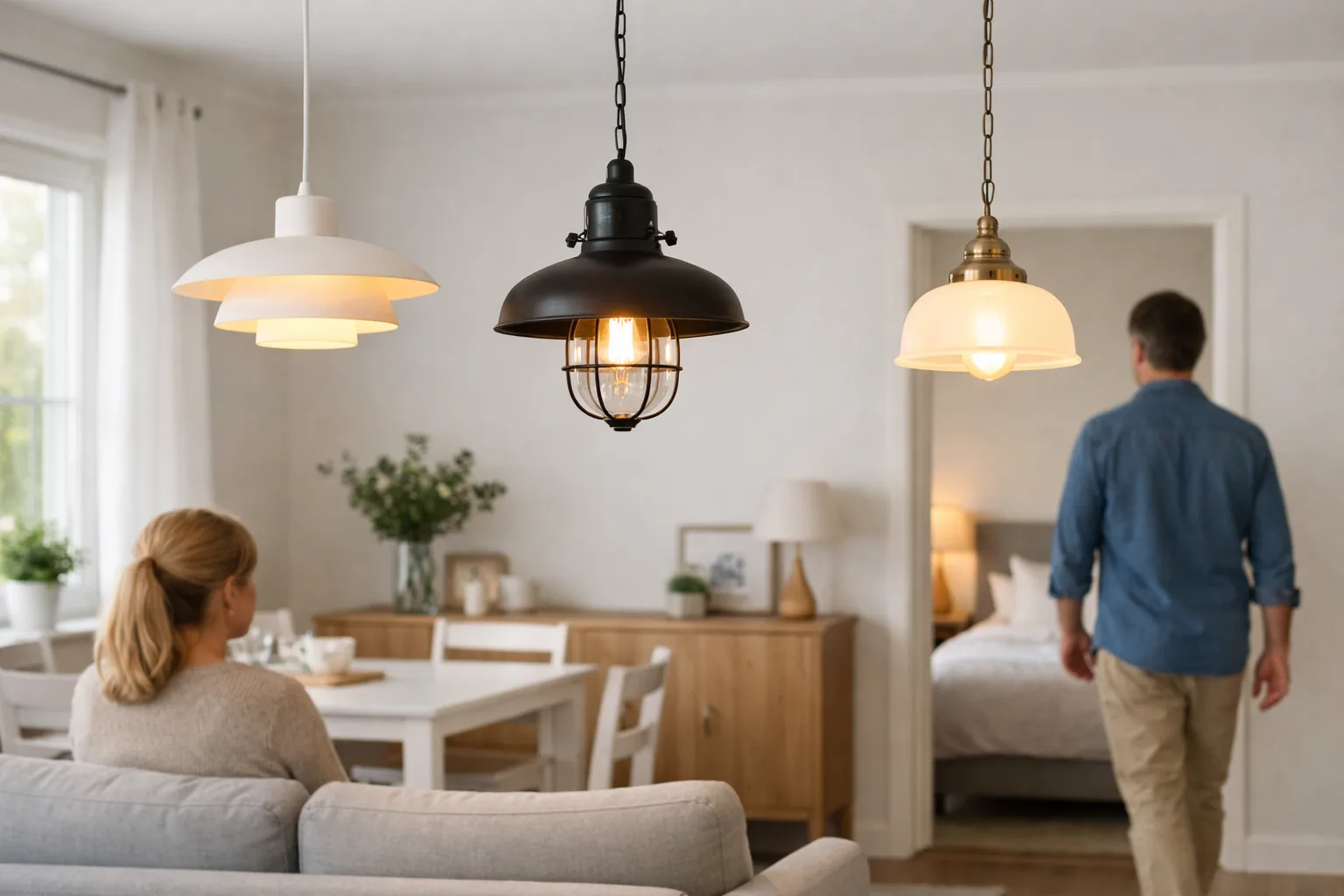 tre taklampor i olika stilar (skandinavisk, industriell, klassisk) i samma uppställning i ett ljust rum