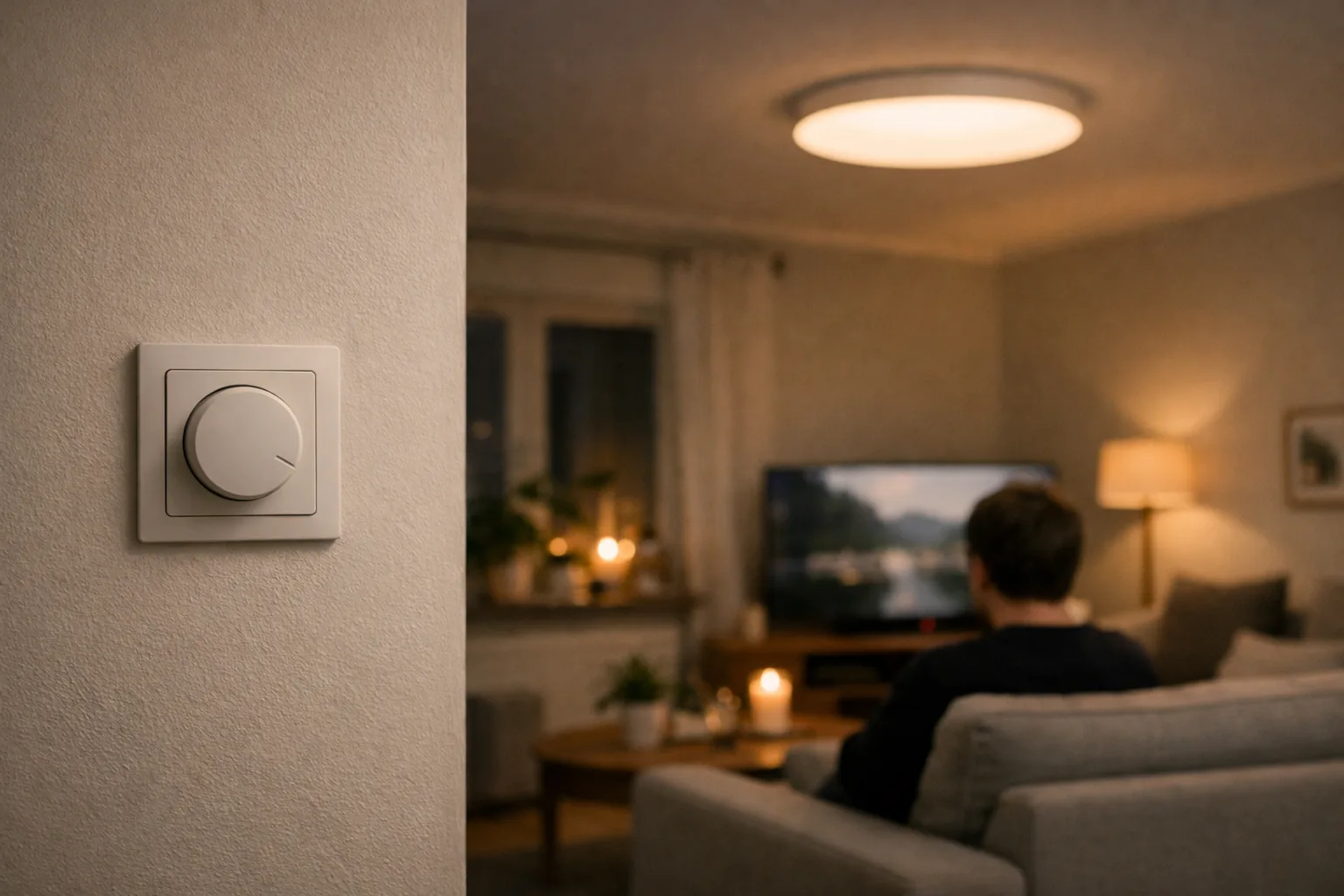 en vägg med dimmer och en taklampa som lyser svagt i ett vardagsrum på kvällen