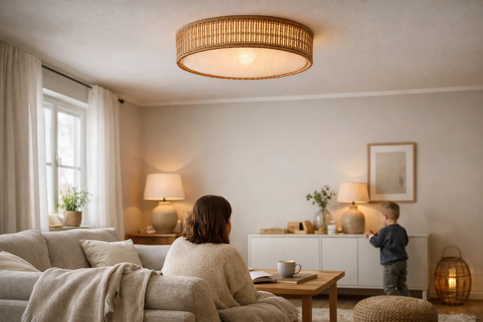 en rotting- och linneplafond i ett vardagsrum med mjuka textilier, utan märkesnamn