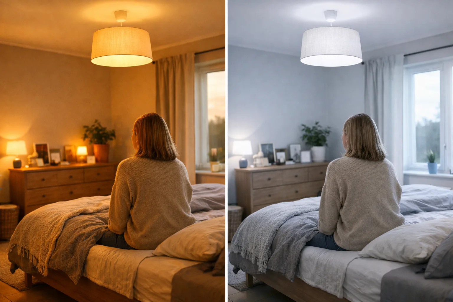två jämförande bilder av samma rum, den ena med varmt gulaktigt ljus och den andra med kallare vitt ljus