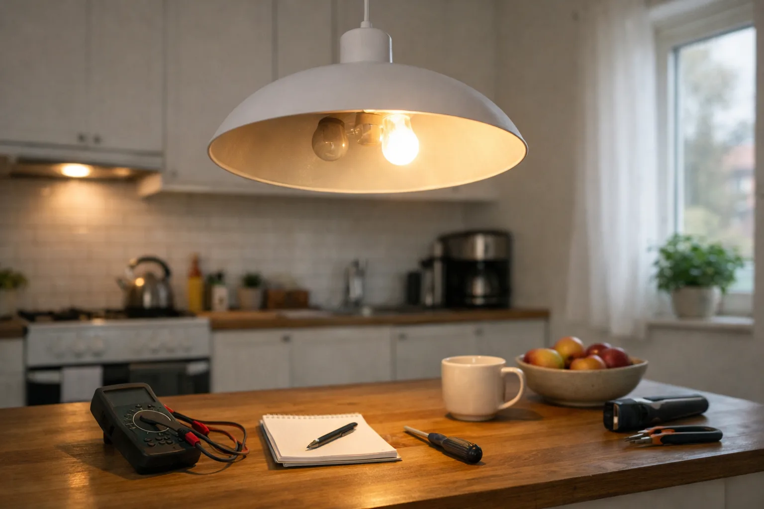 en taklampa som lyser ojämnt i ett kök med öppen lampskärm och synlig ljuskälla, ingen person