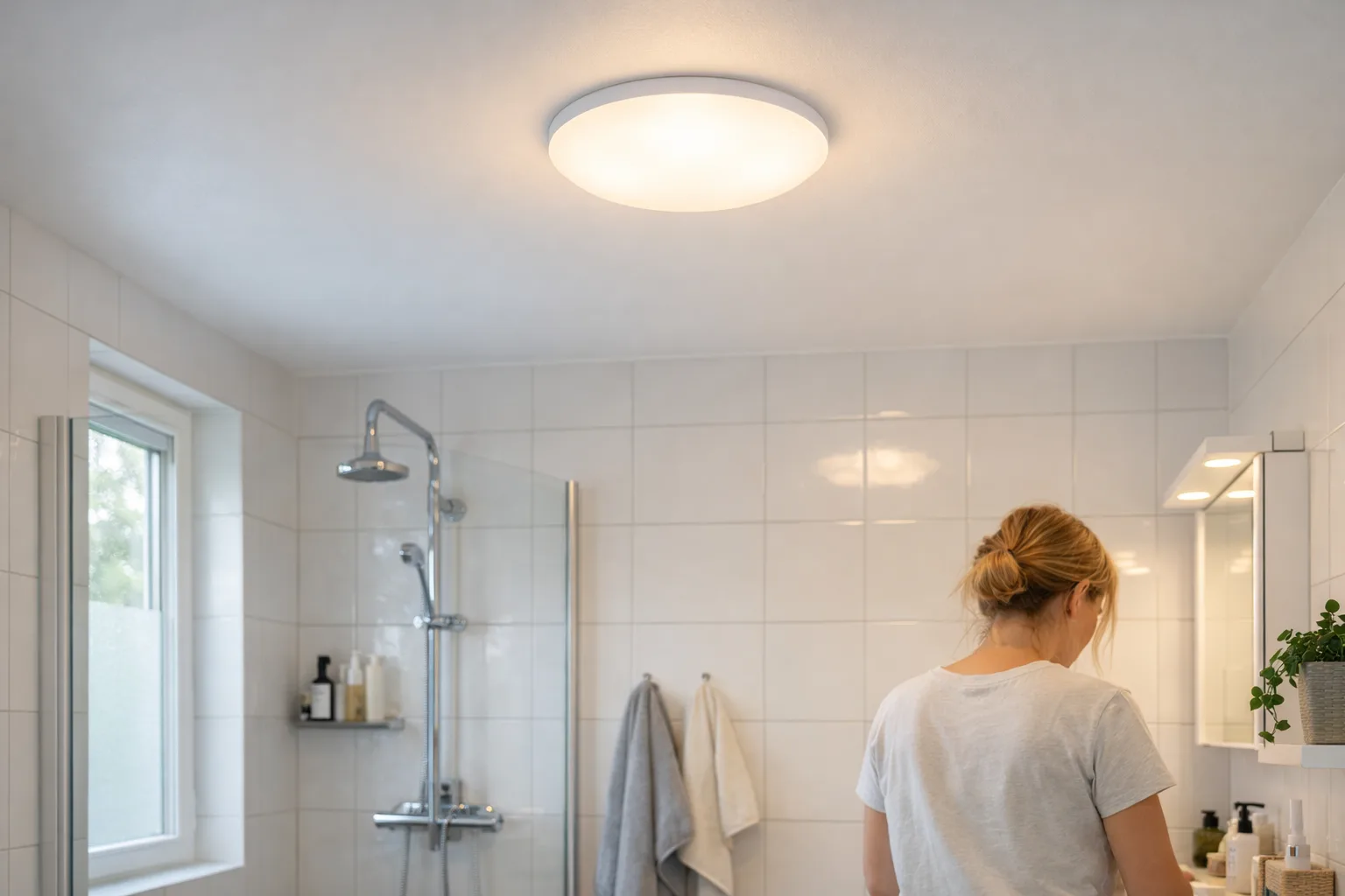 en sluten IP44-plafond i ett badrum med ljust kakel, utan märkesnamn