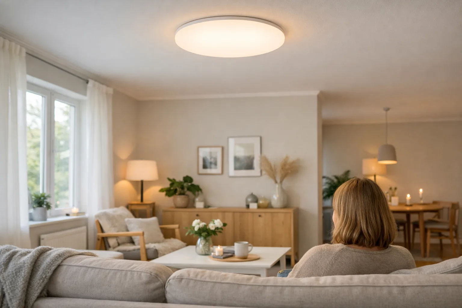 ett ljust svenskt vardagsrum sett från soffan med en vit rund taklampa som lyser mjukt i taket