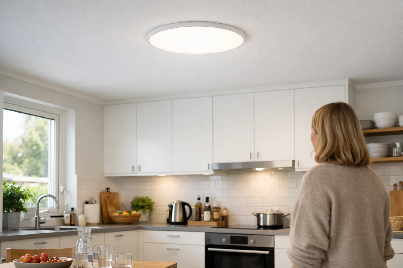en tunn rund LED-plafond som ger jämnt vitt ljus i ett modernt kök