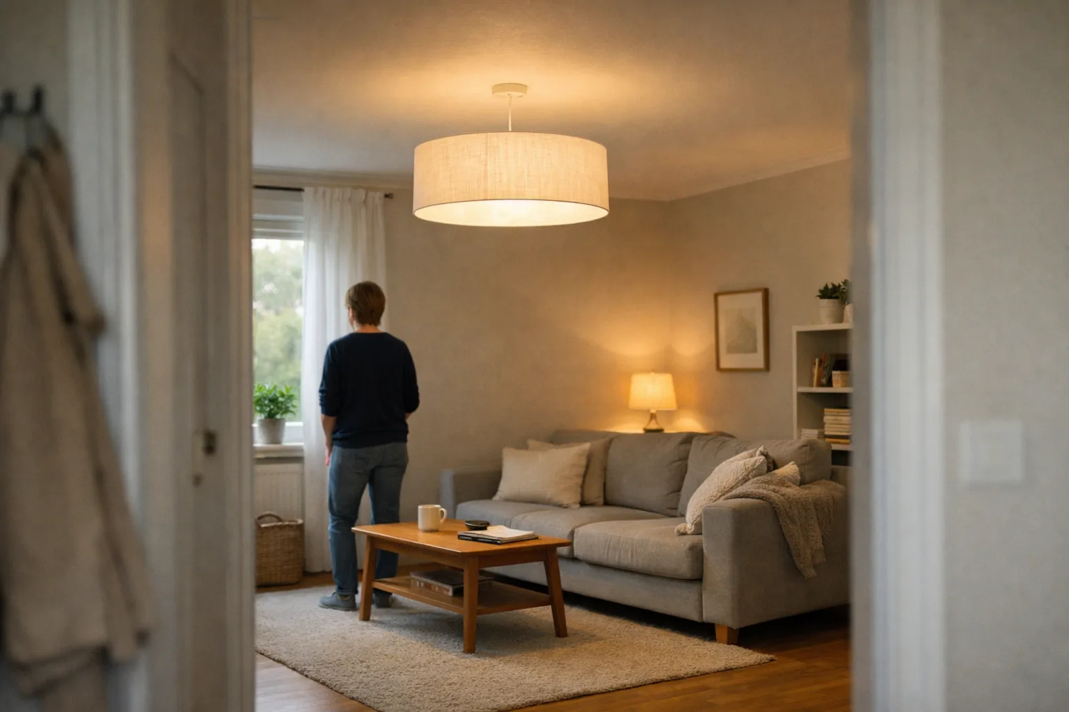 ett rum med mjukt ljus från en taklampa som sprids över golv och väggar, vy från dörren