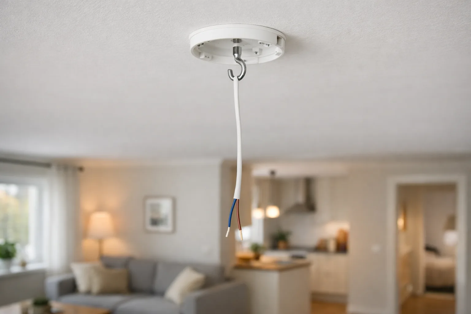en tom takkoppling med takkrok och nedhängande kabel i ett ljust tak, ingen person och ingen ström kopplad