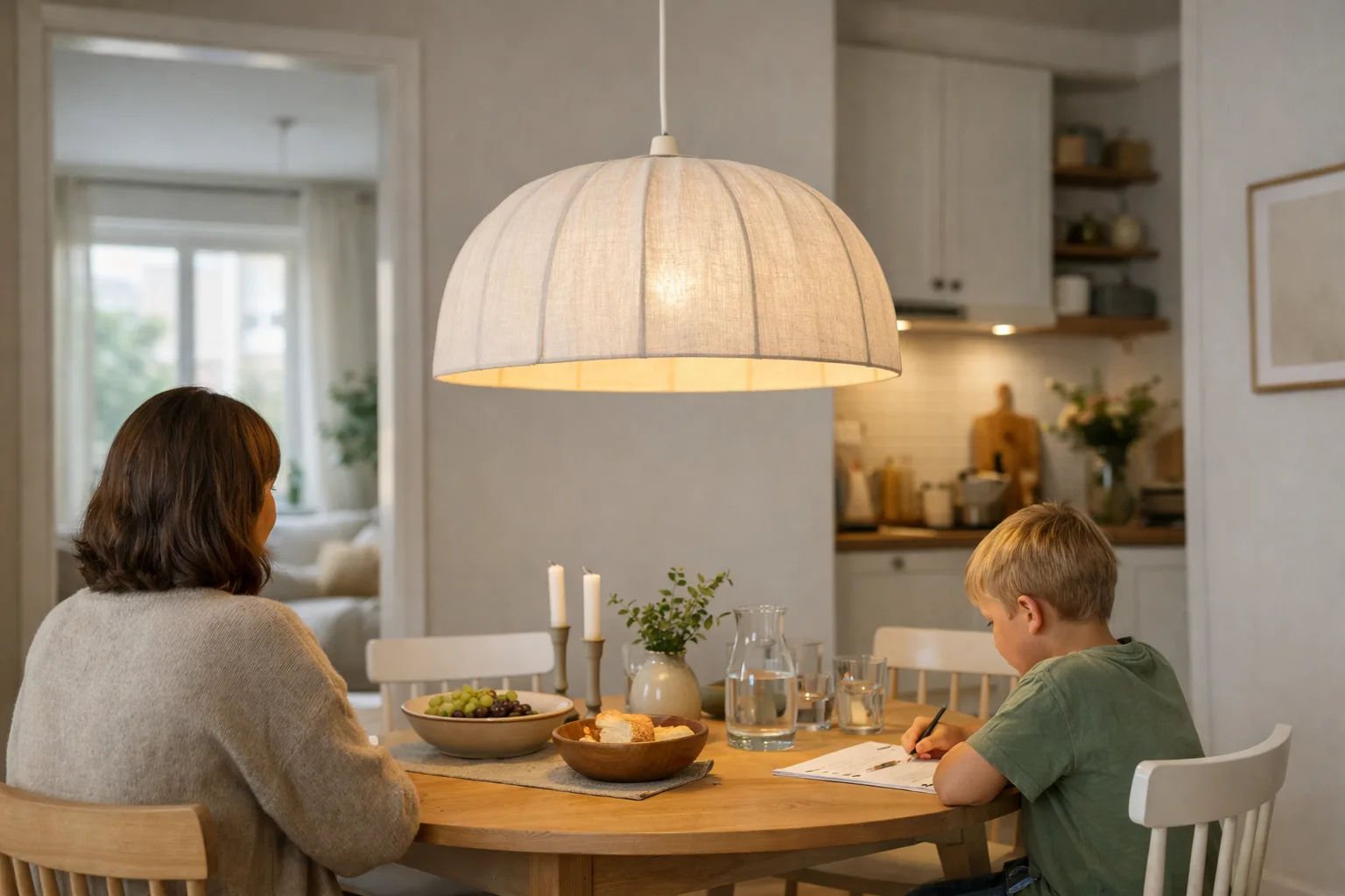 en pendellampa i textil hängande över ett matbord i ett svenskt hem