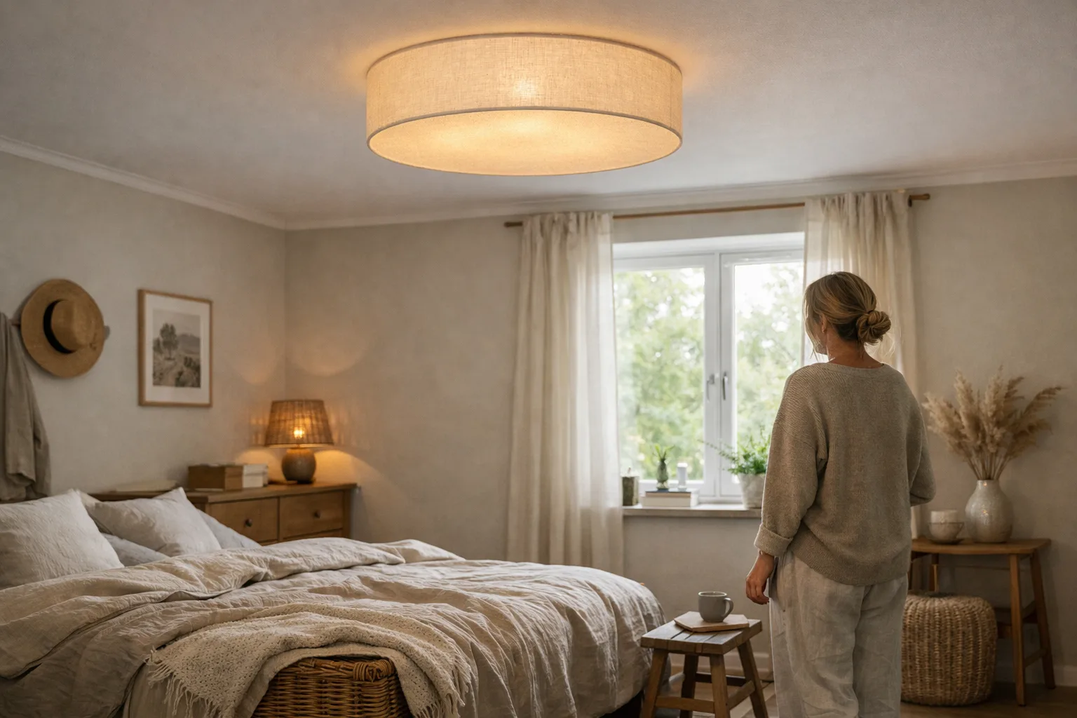 en linneplafond i ett lugnt sovrum med naturmaterial, utan märkesnamn