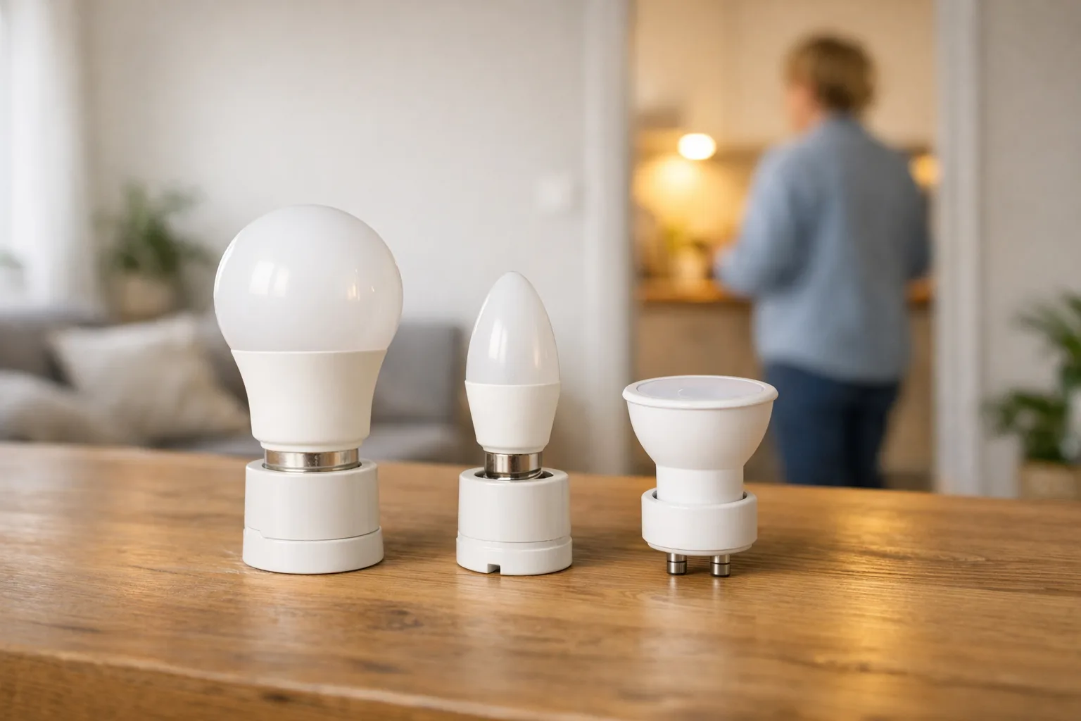 närbild på tre olika lampsocklar E27, E14 och GU10 med neutrala ljuskällor på ett träbord