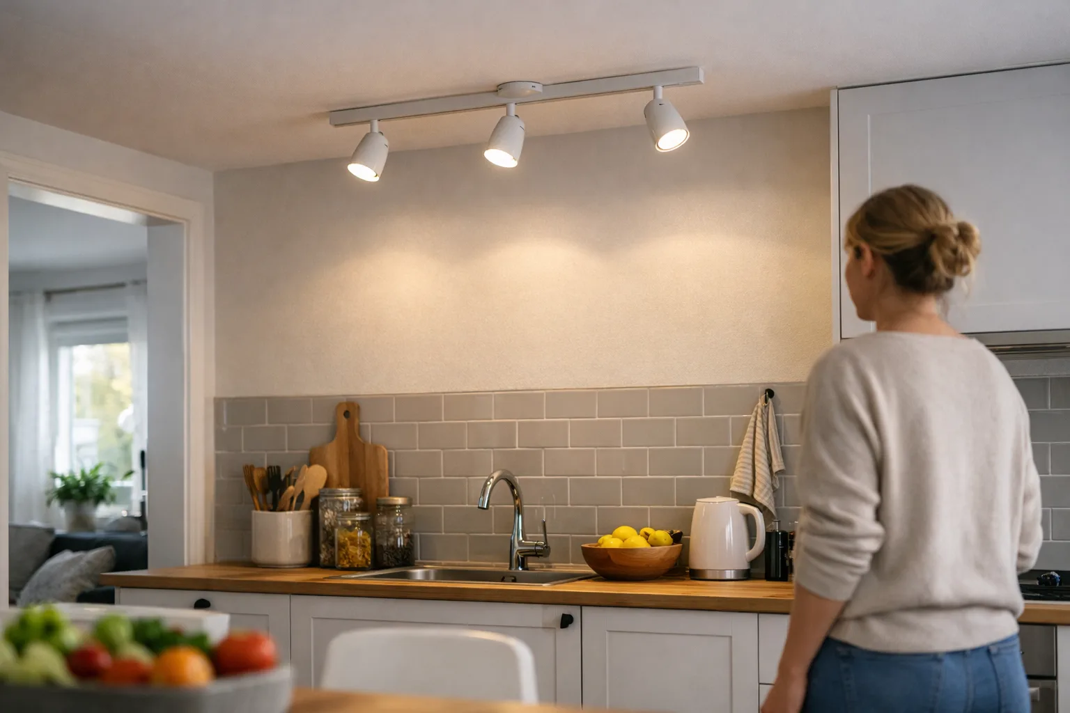 en spotskena med tre riktbara spotlights i taket över en köksbänk