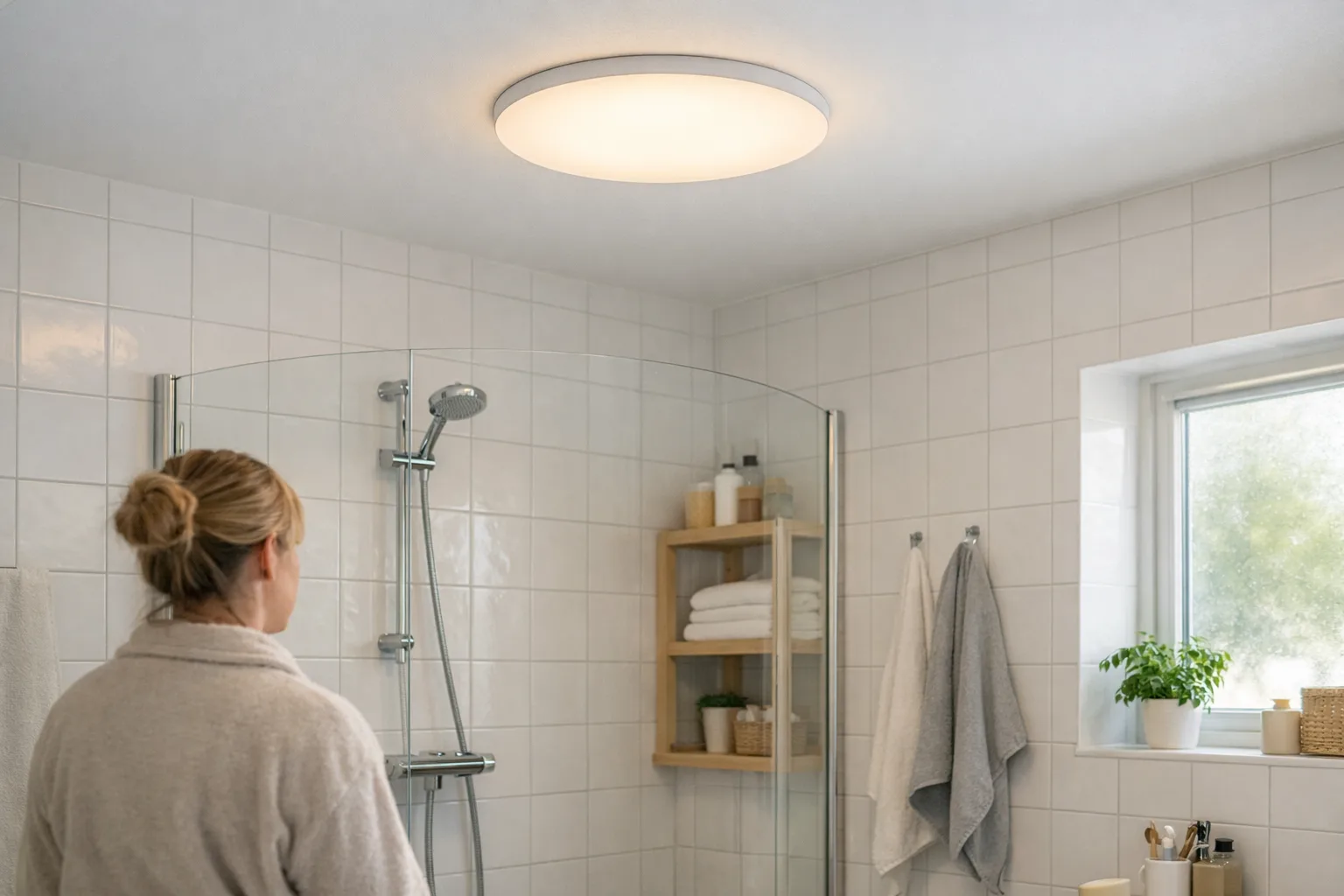 ett ljust badrum med kakel och en sluten rund plafond i taket över duschzonen utanför stänk