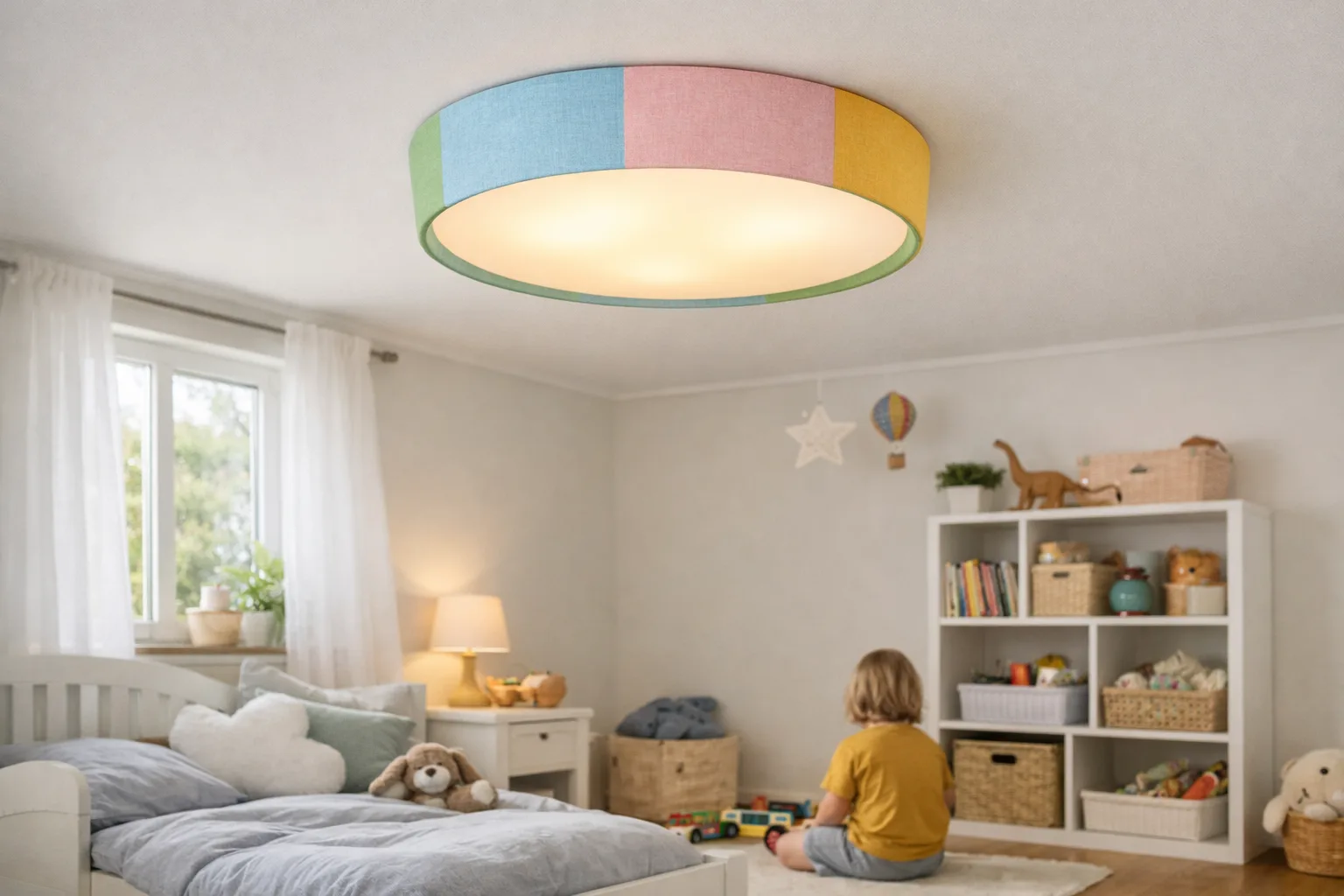 ett barnrum med säng, hylla och mjuk färgglad plafond i taket, dagsljus genom fönstret