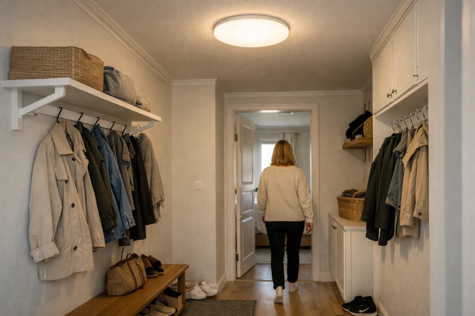 en smal svensk hall med klädhängare och en liten plafond i taket som ger jämnt ljus