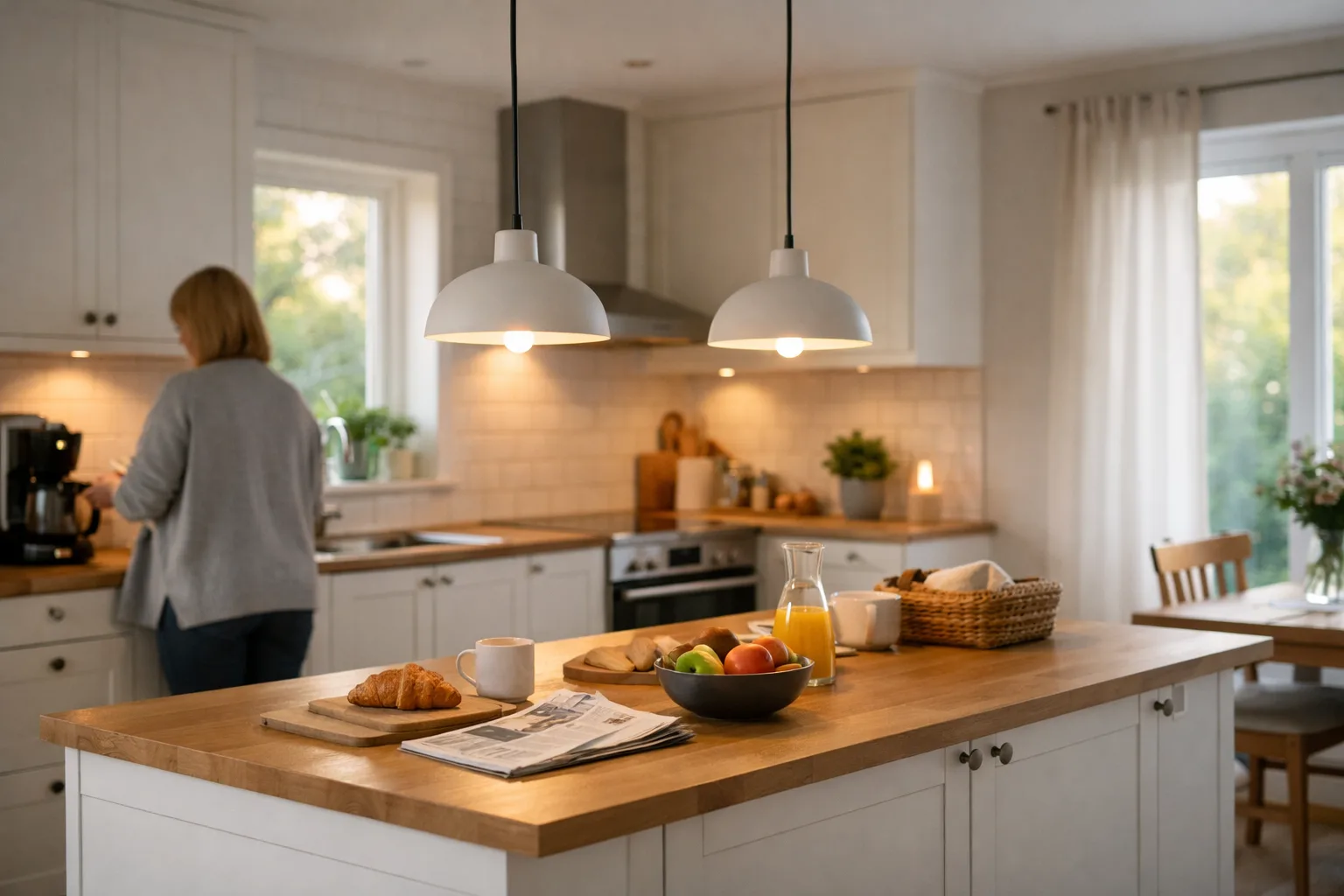 ett svenskt kök med köksö och två pendellampor över ön, morgonljus