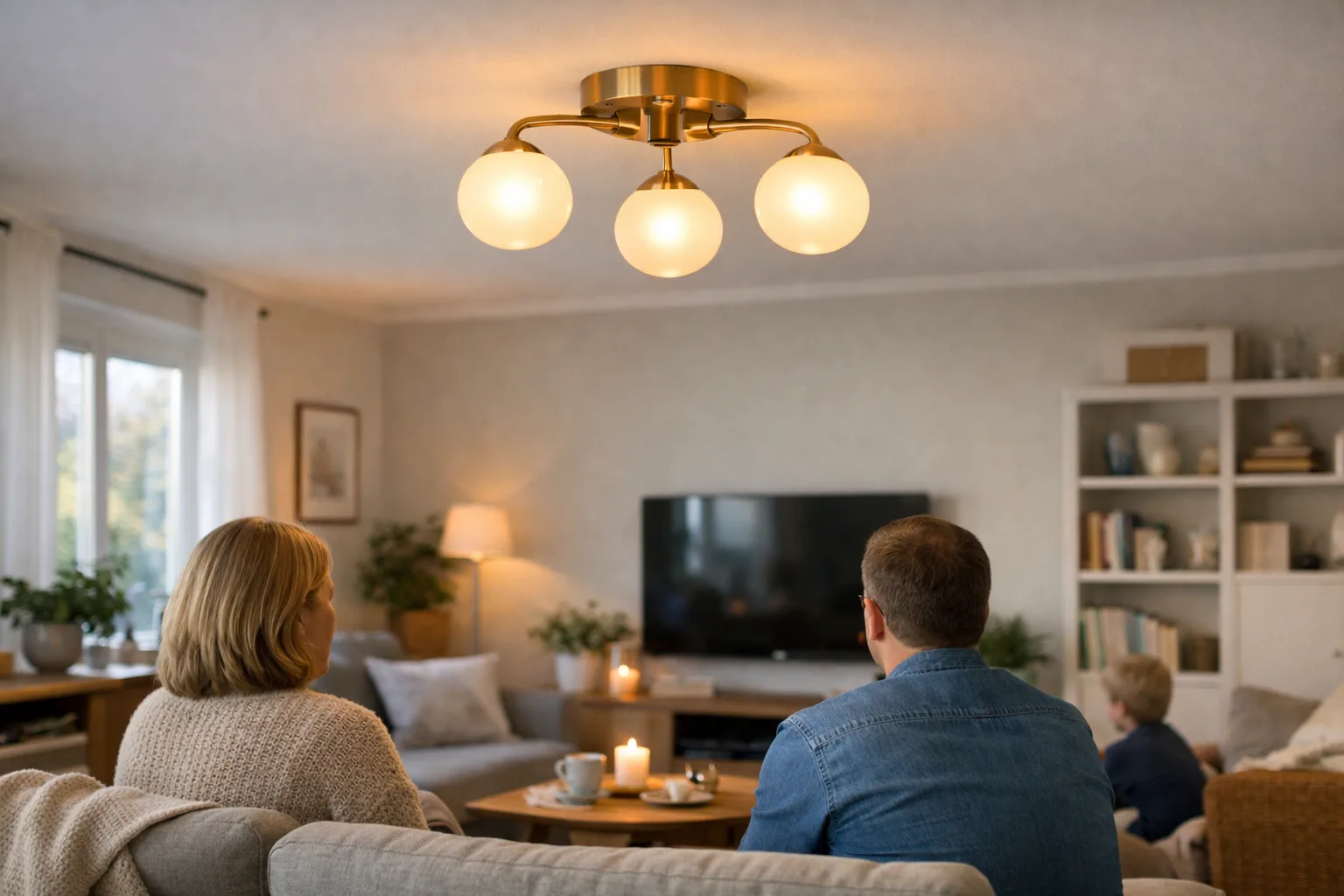 en taklampa i borstad mässing med varm glans i ett vardagsrum