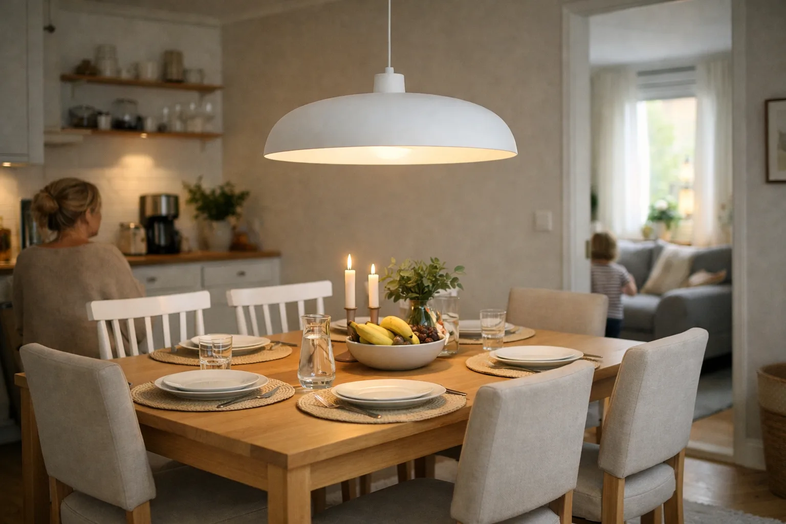 ett matbord för sex med en bred pendellampa centrerad ovanför bordet