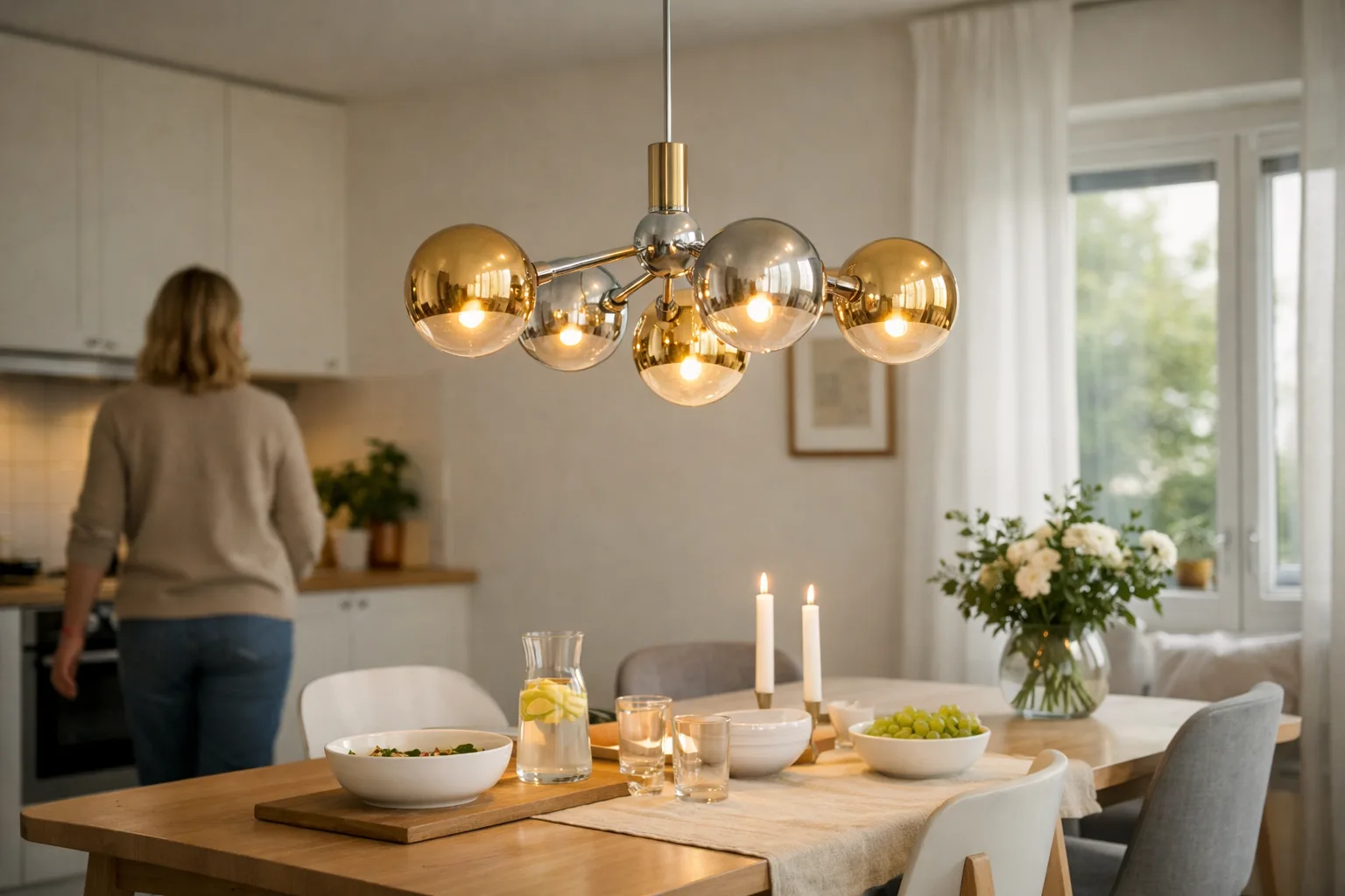 en metallpendel i krom över en matplats
