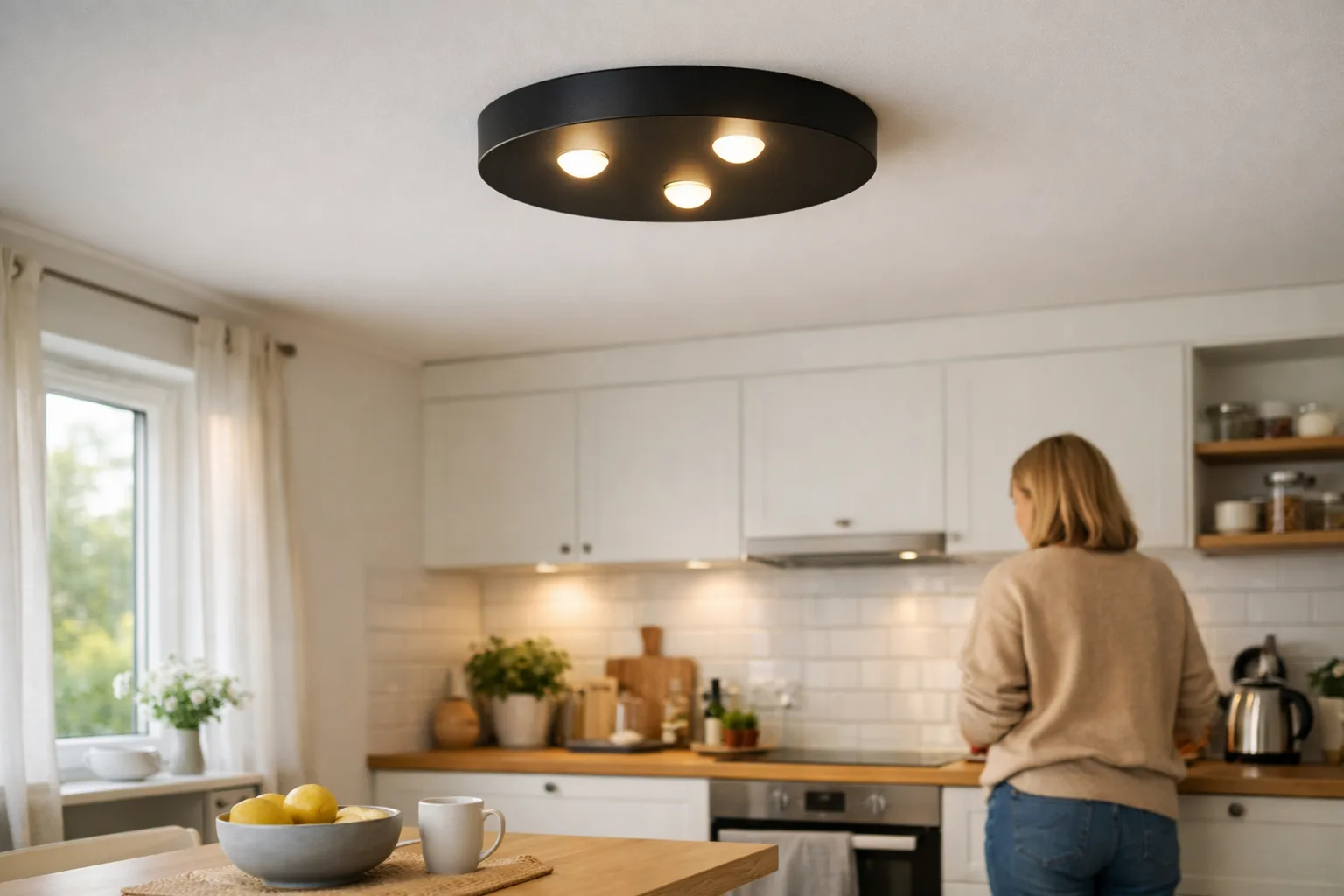 en svart metallplafond i ett modernt kök med ljusa väggar