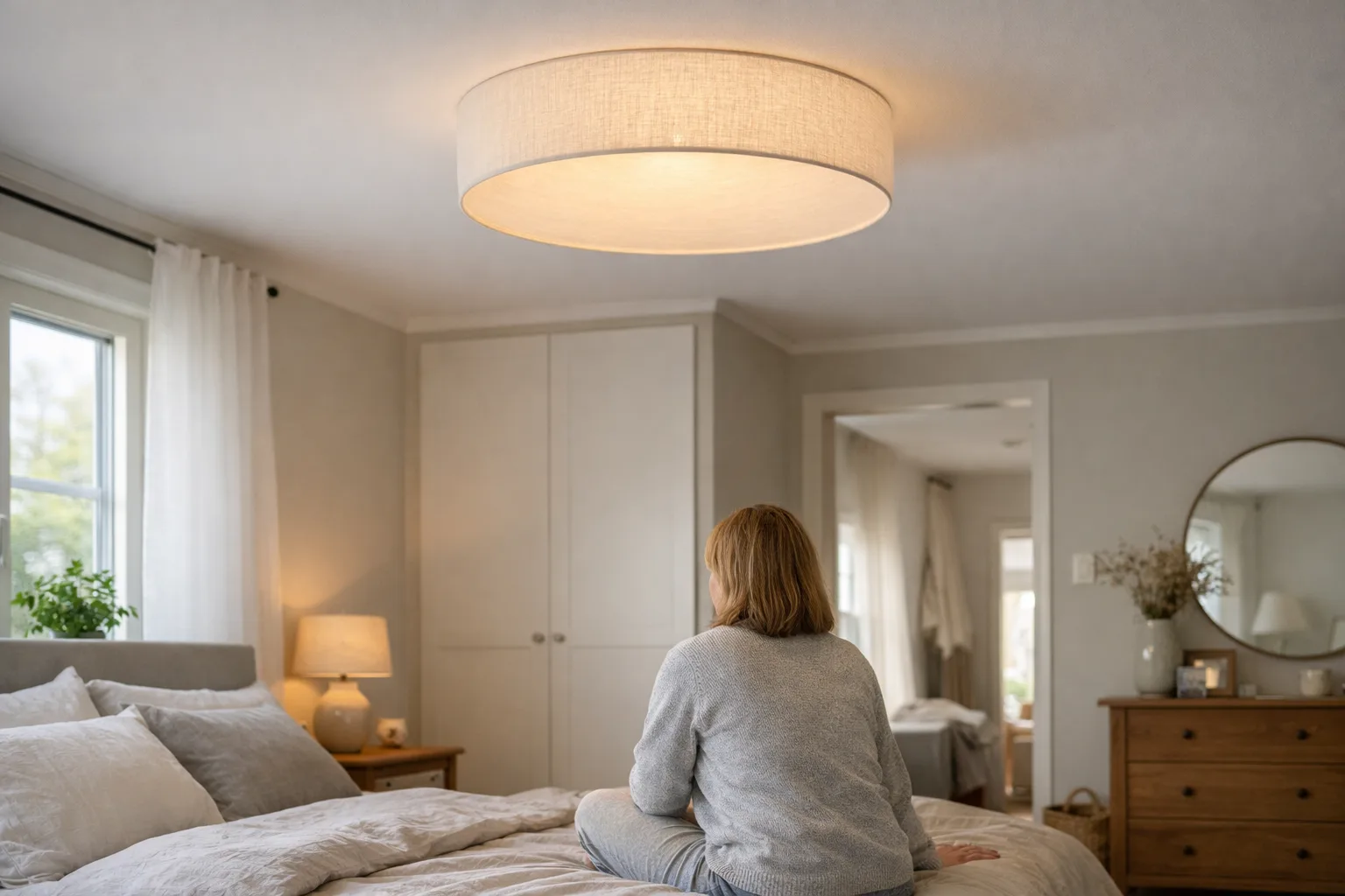 en tygplafond i linne som lyser mjukt i ett sovrum