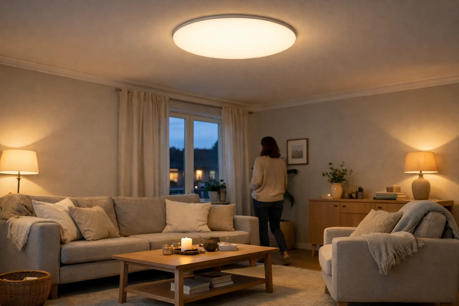 ett nordiskt vardagsrum med soffgrupp och en stor plafond i taket, kvällsljus