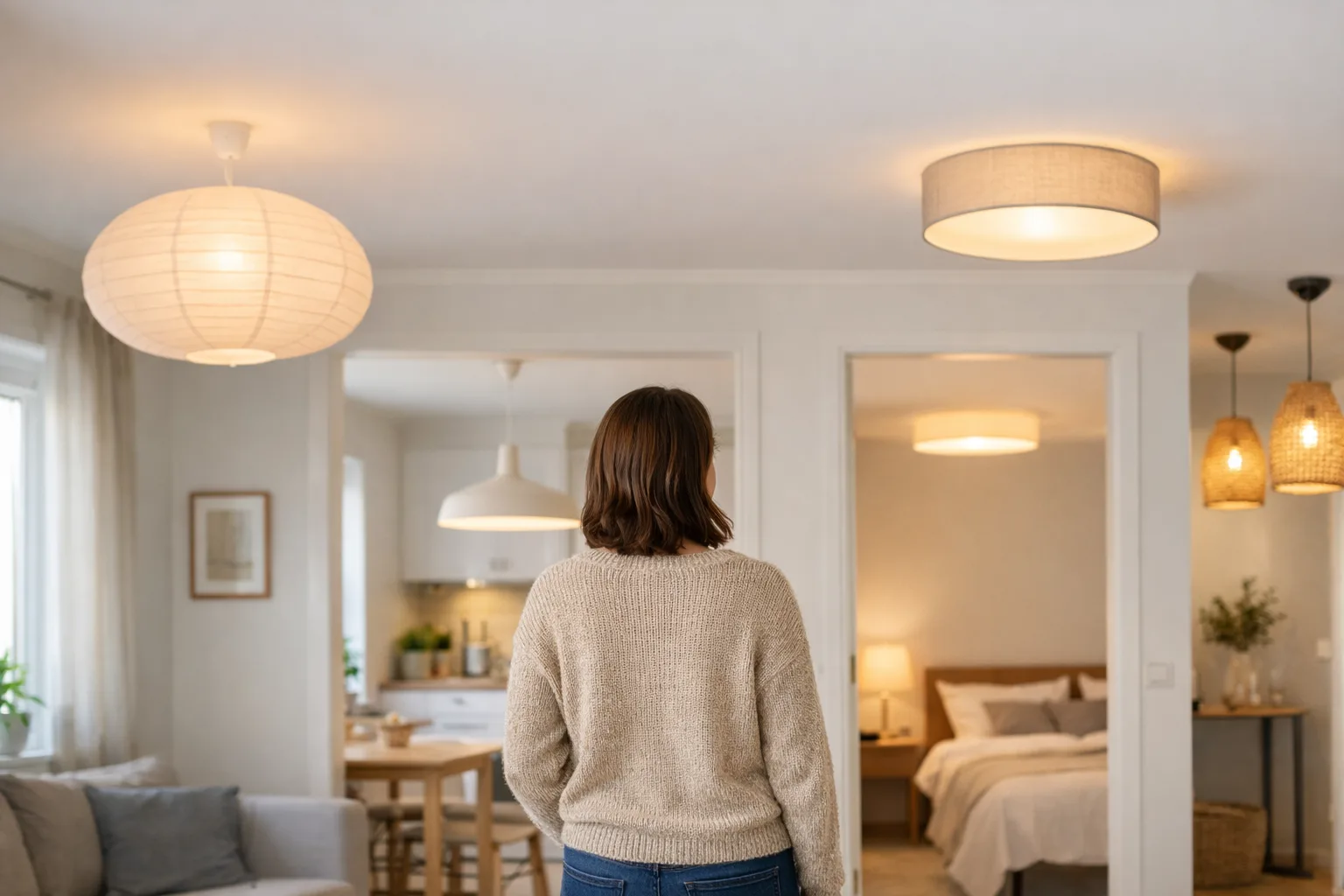 en person sedd bakifrån som tittar upp på olika taklampor i ett ljust hem, ansiktet syns inte